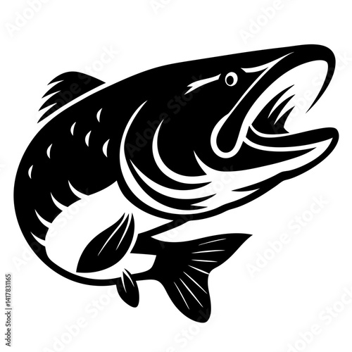 Black and white vector illustration of a jumping fish with open mouth