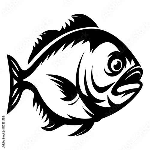 Monochrome vector illustration of a piranha fish with sharp teeth silhouette design