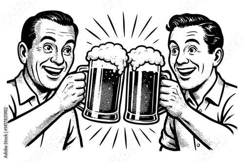 man Toasting beer glass together 1950s retro illustration style