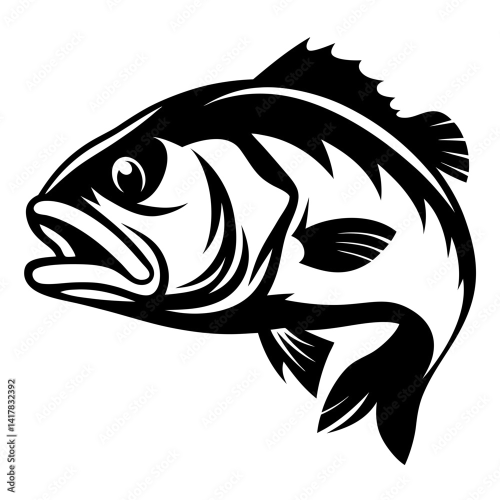 Naklejka premium Stylized Black and White Bass Fish Image with Intricate Design Elements