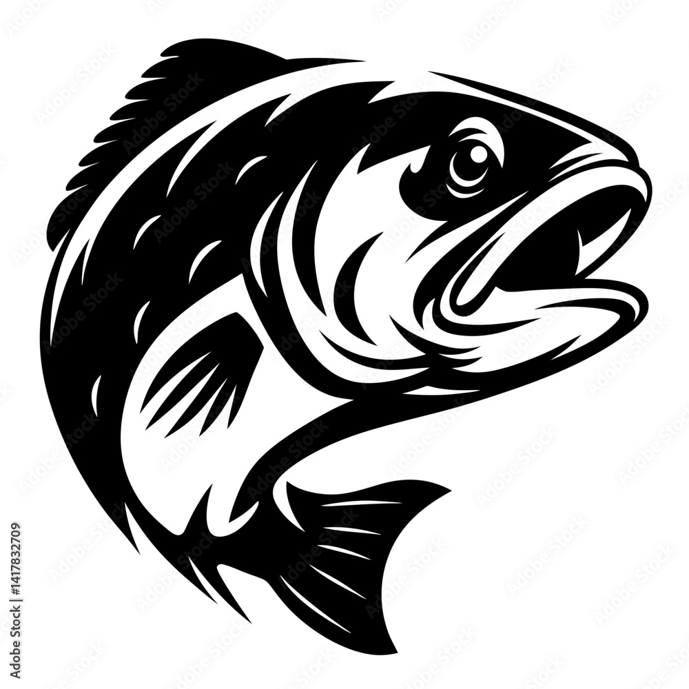 Naklejka premium Stylized black and white illustration of a largemouth bass with an open mouth