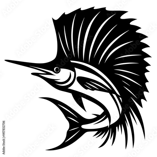 Monochrome Silhouette Vector Graphic of a Striking Sailfish with Impressive Fin