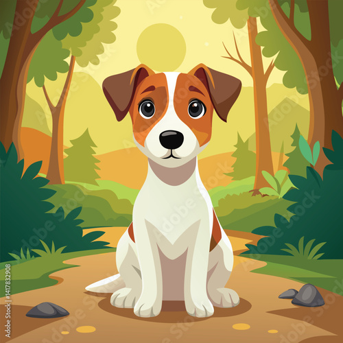 A small Jack Russell Terrier puppy sits attentively on a forest path bathed in warm sunlight.