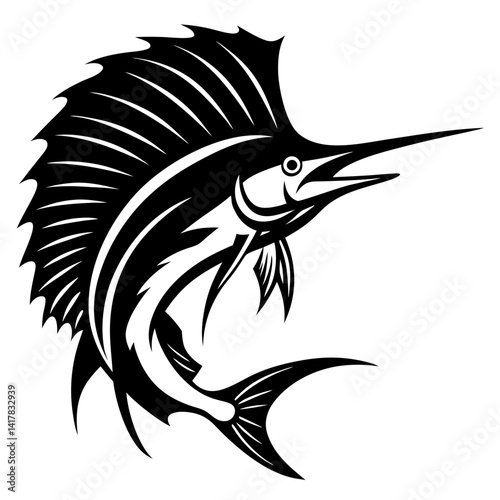 Elegant black and white depiction of a majestic sailfish in motion
