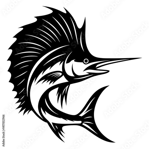 Majestic Black and White Sailfish Illustration with Intricate Fin Details and Sharp Bill