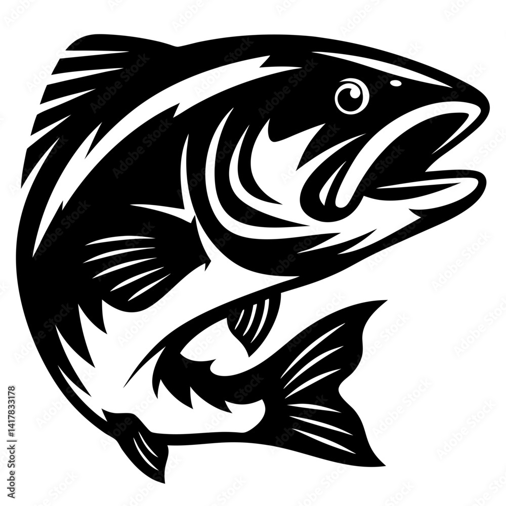 Naklejka premium Monochrome Illustration of a Leaping Fish with Open Mouth in Graphic Style