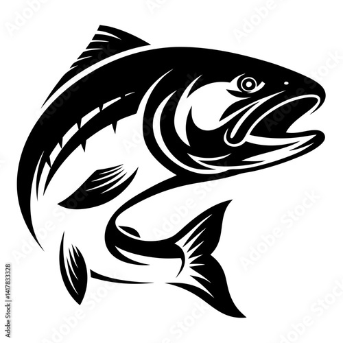Bold Monochrome Illustration of a Leaping Fish with Aggressive Open Mouth