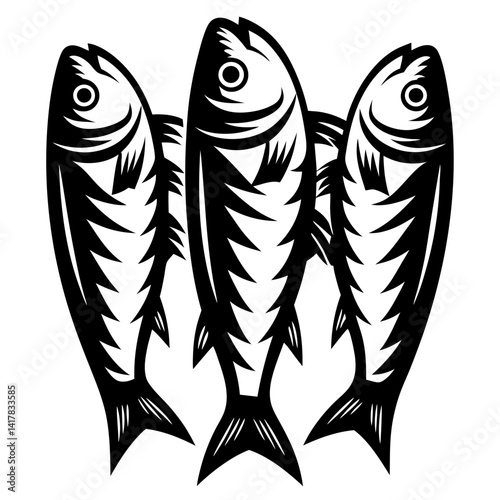 Three fish in black and white graphic design are swimming together