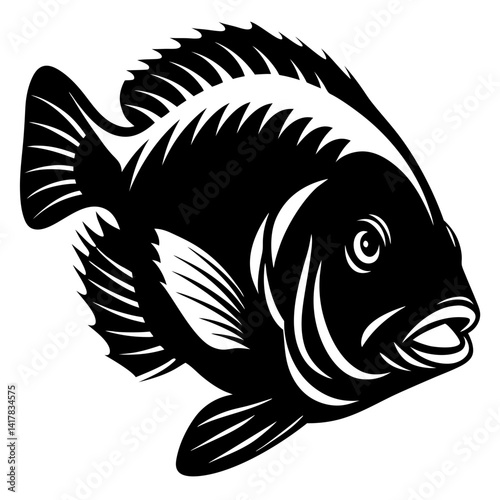 Monochrome depiction of a fish with elaborate fins and scales design