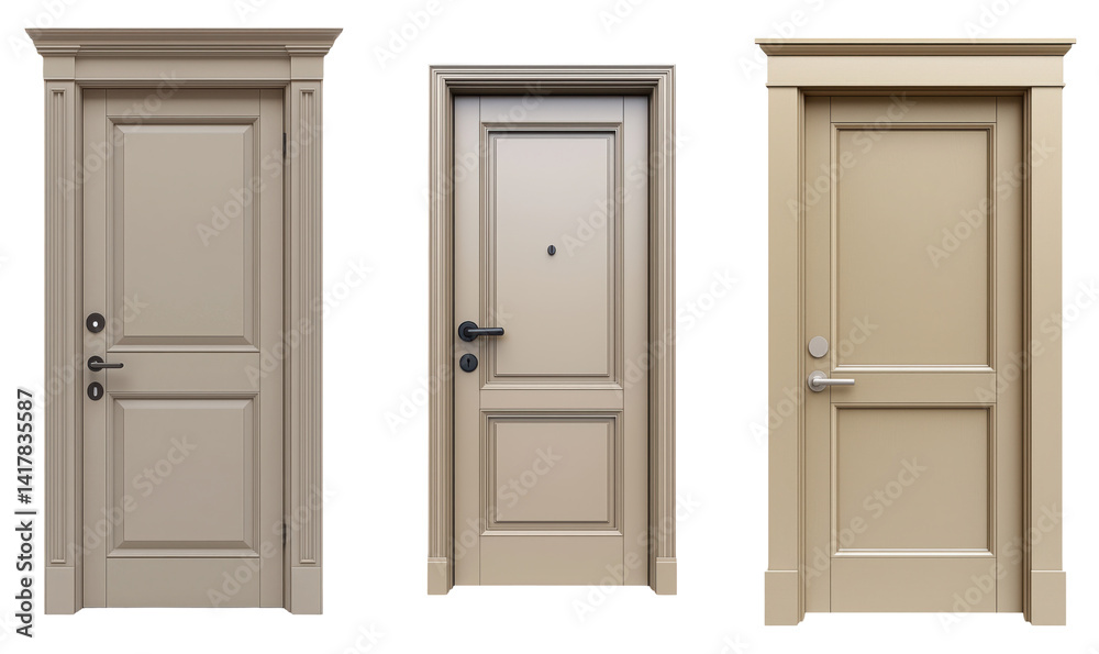 Set of Three elegant doors with different designs and finishes. isolate on transparent background Set of Three elegant doors with different designs and finishes. isolate on transparent background
