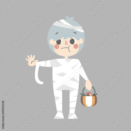 happy halloween holiday festival with boy wearing mummy costume holding pumpkin basket with candy, flat vector illustration cartoon character design
