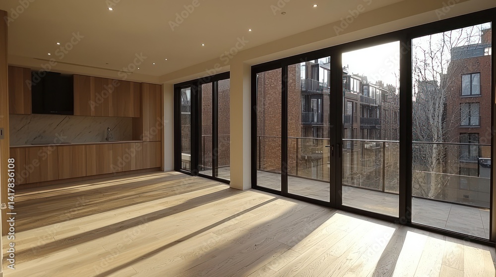 Obraz premium Sunny modern apartment interior with city view