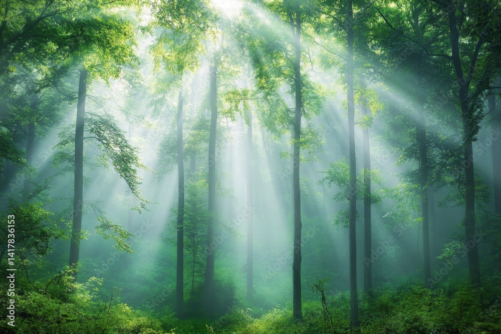 Fototapeta premium Sunlight streams through misty forest, illuminating lush trees