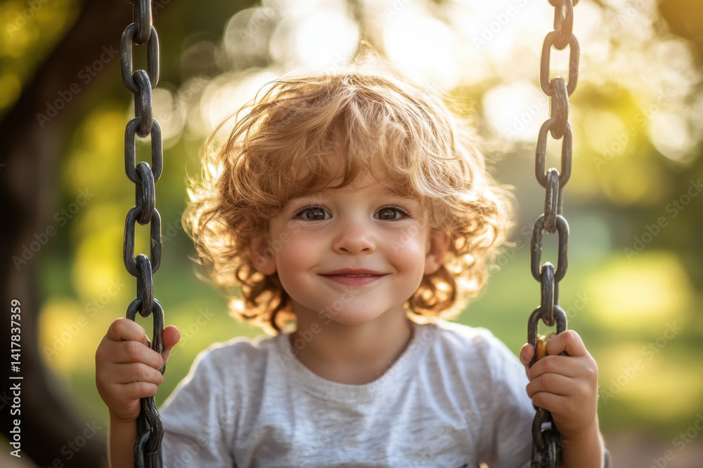 Little boy smiles swinging on a swing in the park, bright sunshine casting shadows. Joyful childhood moment captured in motion. Little boy smiles swinging on a swing in the park, bright sunshine casting shadows. Joyful childhood moment captured in motion.