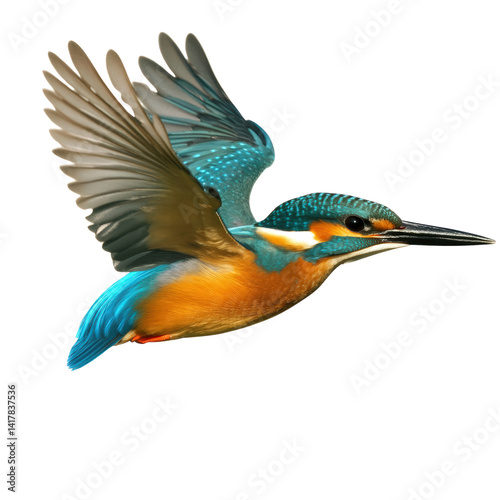 Vibrant hunting kingfisher bird in flight with detailed colorful feathers soa in midair isolated on white background