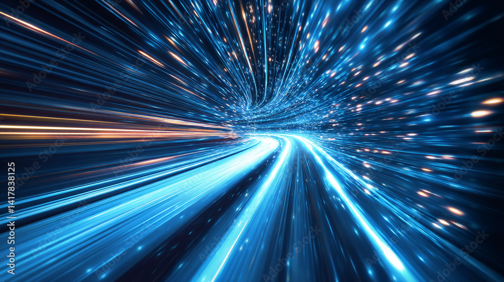 Obraz premium Abstract digital illustrations showing radiant blue and white light trails racing through space. Dynamic visuals symbolize speed, futuristic travel, and data flow.