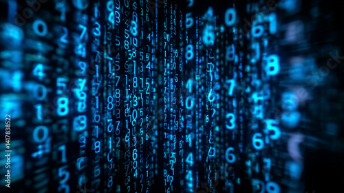 Abstract digital background with cascading blue numbers and symbols resembling a matrix-style code rain on a black backdrop. Futuristic, tech-inspired visual with cyber aesthetics.