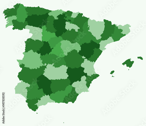 Map of Spain with regions. Just a simple country border map with region division. Green color palette. Plain Spain shape with administrative division. Vector illustration.