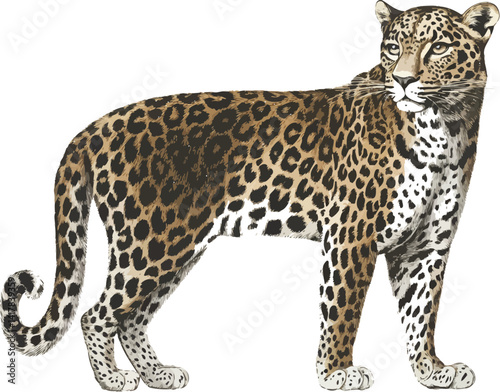 A spotted leopard, a wild feline predator with distinct fur, stands isolated against a white background