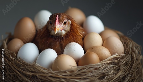 A chicken is laying eggs in a nest