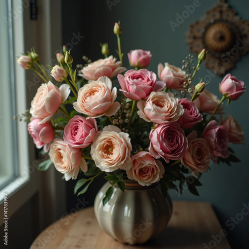 Un bouquet de fleurs européen dans un style muté et atmosphérique, éclairé par une lumière douce et mélancolique
