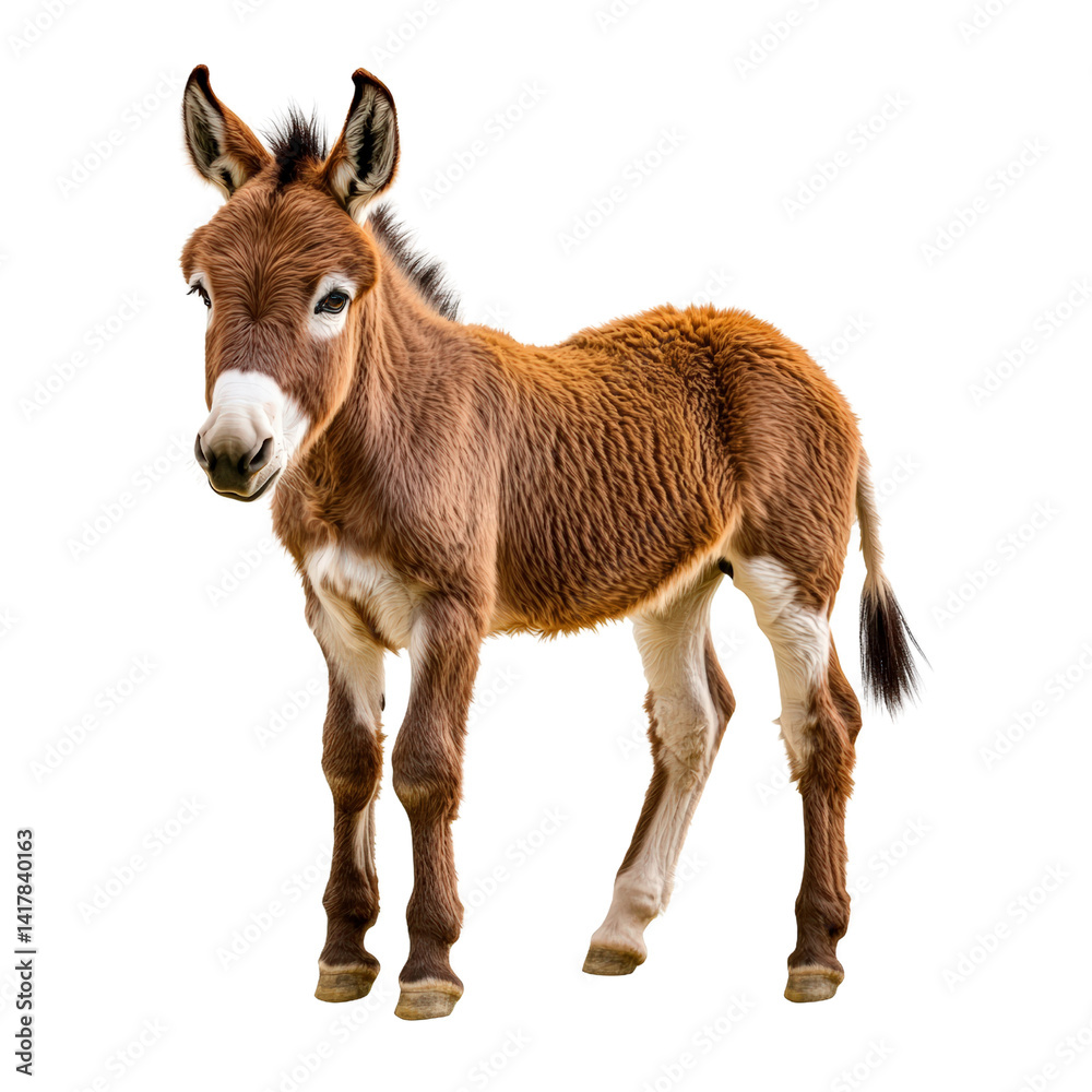 Adorable baby donkey standing against a plain white background showcasing its fluffy brown coat and gentle eyes in a high-resolution image perfect for educational and animal themes Adorable baby donkey standing against a plain white background showcasing its fluffy brown coat and gentle eyes in a high-resolution image perfect for educational and animal themes