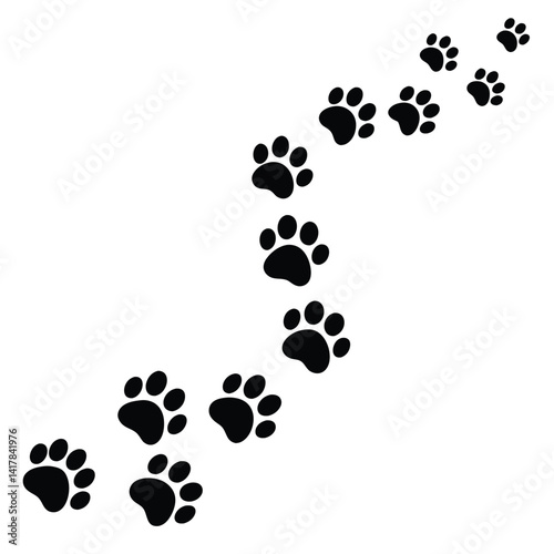 A winding trail of black paw prints marches diagonally across a clean white surface.