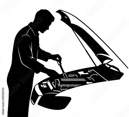 Icon of a mechanic using a tool on a car engine with an open hood