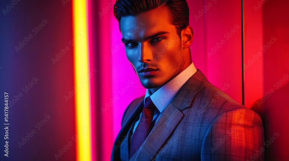 Fototapeta premium Stylish man in suit, neon-lit room