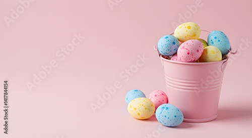 Colorful Easter Eggs in a Pastel Pink Bucket on Soft Background