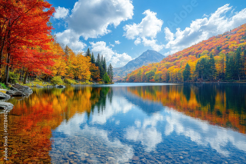 Lake surrounded by vivid fall foliage, reflecting colorful trees in clear water on sunny day, creating a stunning autumn scenery with serene beauty.