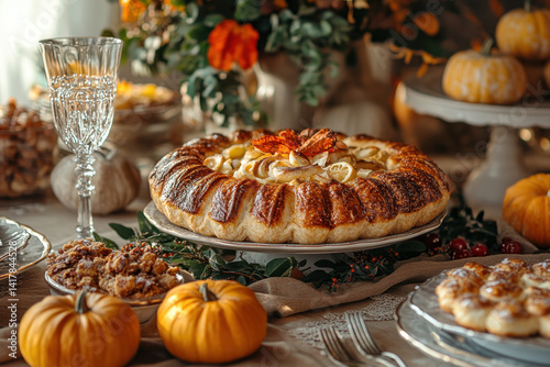 A table with a pie surrounded by pumpkins.