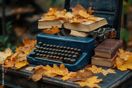 An old typewriter nestled among vibrant autumn leaves, blending creativity with nature's beauty.
