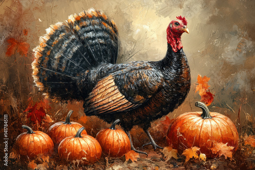 Vibrant painting featuring a turkey surrounded by pumpkins, set against a rustic farm backdrop, capturing the essence of autumn harvest.
