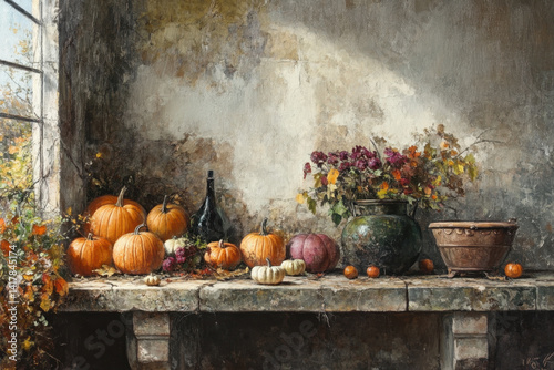 Painting of pumpkins and flowers on table. Rich, vibrant colors captivate, intricate details mesmerize. A tribute to fall's beauty.