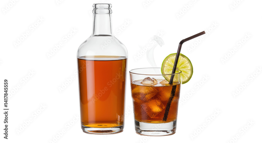Isolated Glass Bottle and Glass With Beverage Lime and Straw Isolated Glass Bottle and Glass With Beverage Lime and Straw