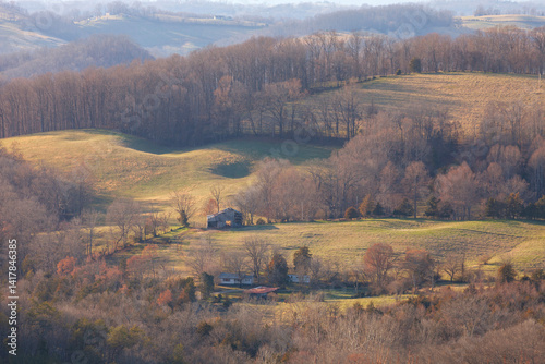 Εκτύπωση καμβά High angle view of a valley with a barn fields and trees in the Appalachian Moun