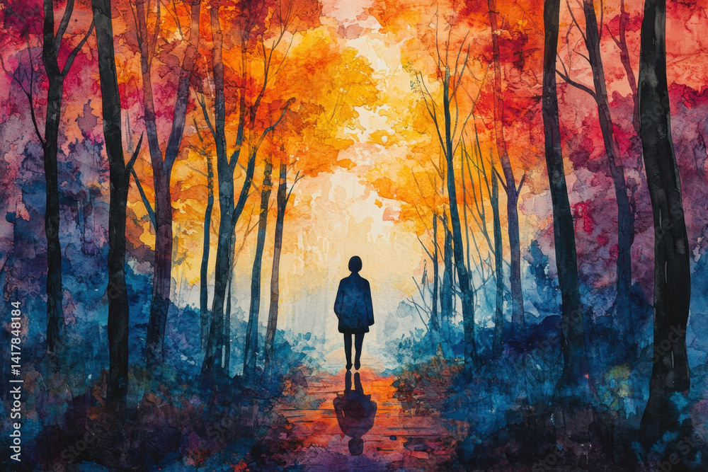 Fototapeta premium Person walks on forest path in a serene painting.