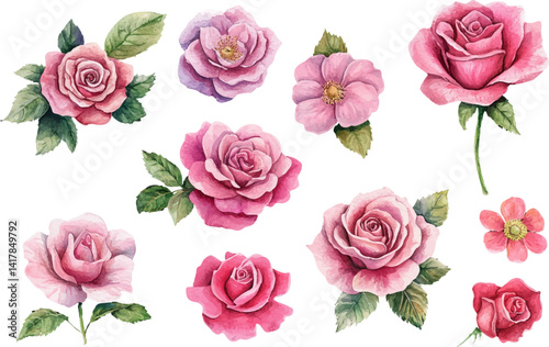 watercolor set of pink roses flowers