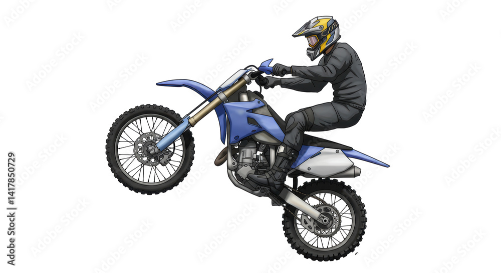 Isolated Motocross Rider Performing Wheelie on Blue Dirt Bike Isolated Motocross Rider Performing Wheelie on Blue Dirt Bike