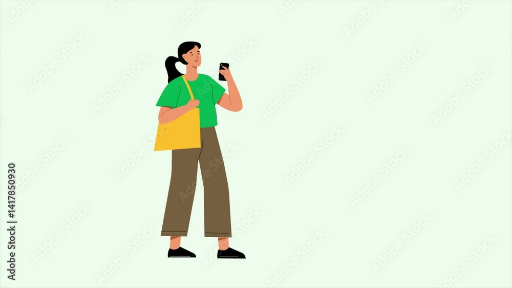 Cartoon Woman Using Mobile Phone, 2D Animation Scene with White Screen, Female Character Interaction for Explainer Cartoon Woman Using Mobile Phone, 2D Animation Scene with White Screen, Female Character Interaction for Explainer