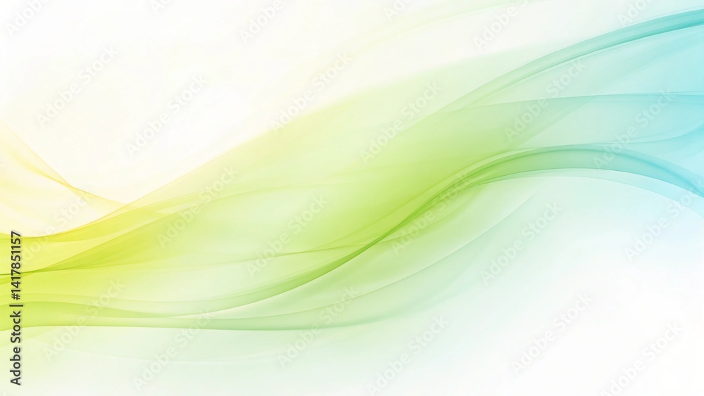 Obraz premium A soothing abstract image featuring flowing green and blue waves on a gradient white background, evoking tranquility and calmness, ideal for wellness, spa, nature, and peaceful design concepts