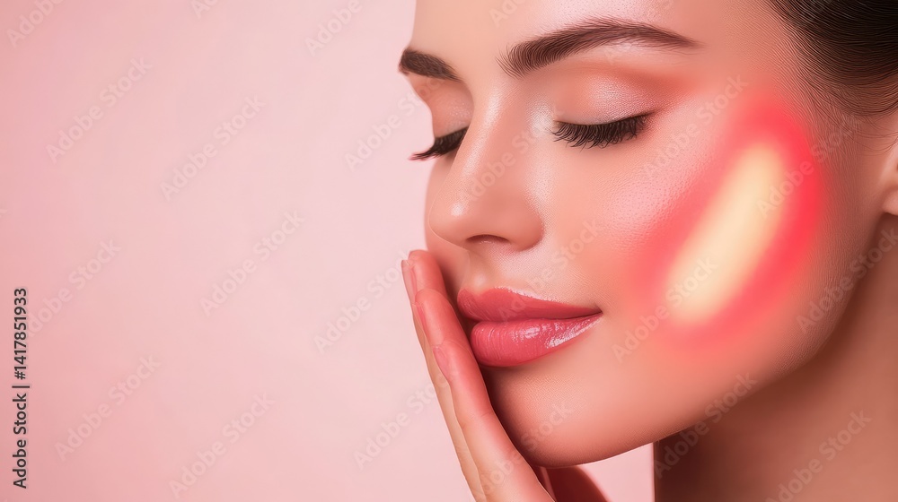 Glowing red light therapy device gently touches a woman skin, illustrating skincare innovation Glowing red light therapy device gently touches a woman skin, illustrating skincare innovation
