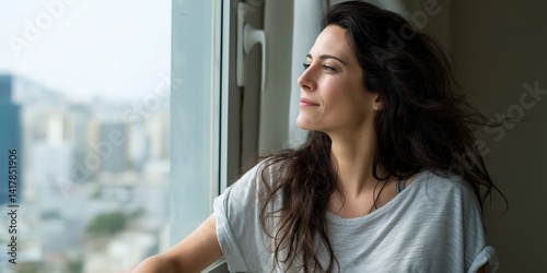 A serene woman gazes thoughtfully out of a large window, capturing a moment of introspection and daydreaming amidst a stunning urban landscape. Free Download A serene woman gazes thoughtfully out of a large window, capturing a moment of introspection and daydreaming amidst a stunning urban landscape. - GFXLoad
