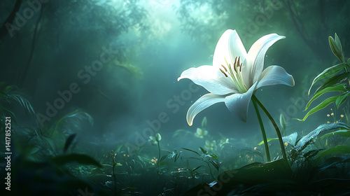Elegant white lily glowing in soft morning light in a peaceful forest clearing 