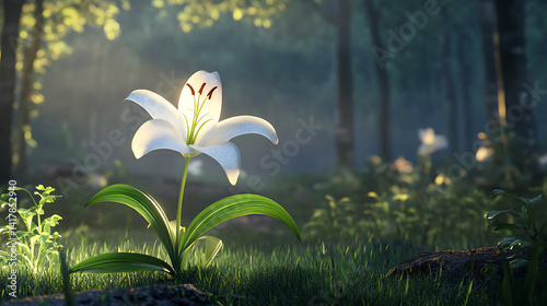 Elegant white lily glowing in soft morning light in a peaceful forest clearing 