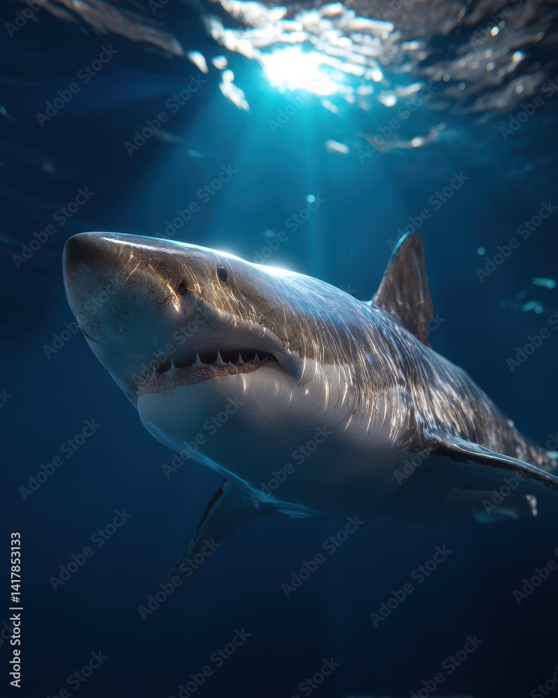 Naklejka premium A majestic shark swims through deep blue waters, illuminated by sunlight filtering from above, showcasing its powerful presence and sleek form.