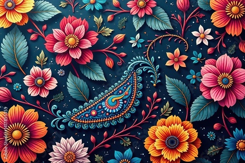 Bold paisley floral print, vibrant colors, exotic feel, design, seamless