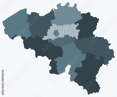 Map of Belgium with regions. Just a simple country border map with region division. Blue grey color palette. Flat Kingdom of Belgium shape with administrative division. Vector illustration.