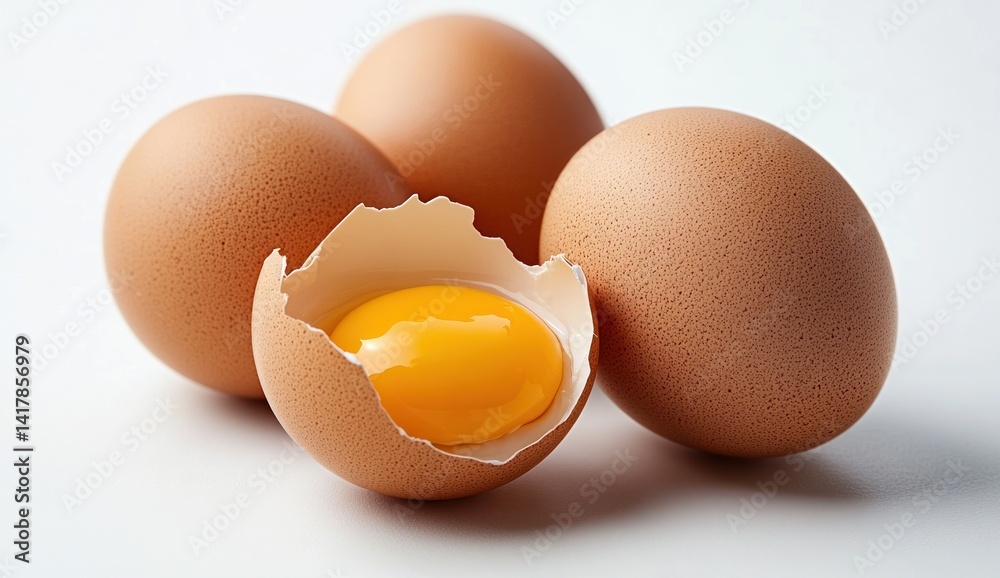 Three whole eggs and one cracked egg with yolk on a white surface. Three whole eggs and one cracked egg with yolk on a white surface.